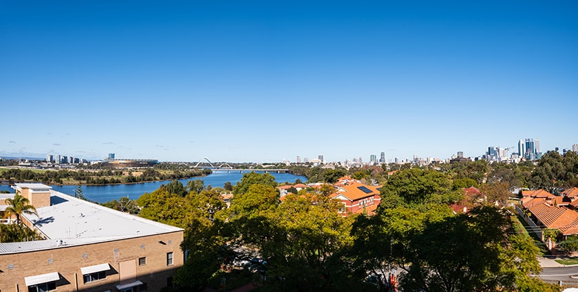 The view from St John of God Mt Lawley looking across the Swan River to Burswood and the city.