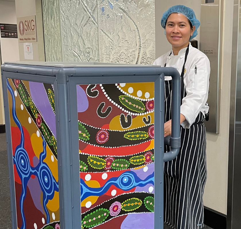 St John of God Mt Lawley Hospital Chef, Veronica Oo with room service trolley