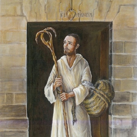 Artwork of John of God leaving Casa Venegas to beg for food and supplies for the people he is caring for in Granada